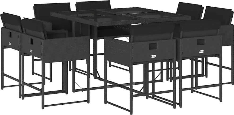 vidaXL 9 részes fekete polyrattan kerti étkezőgarnitúra párnákkal