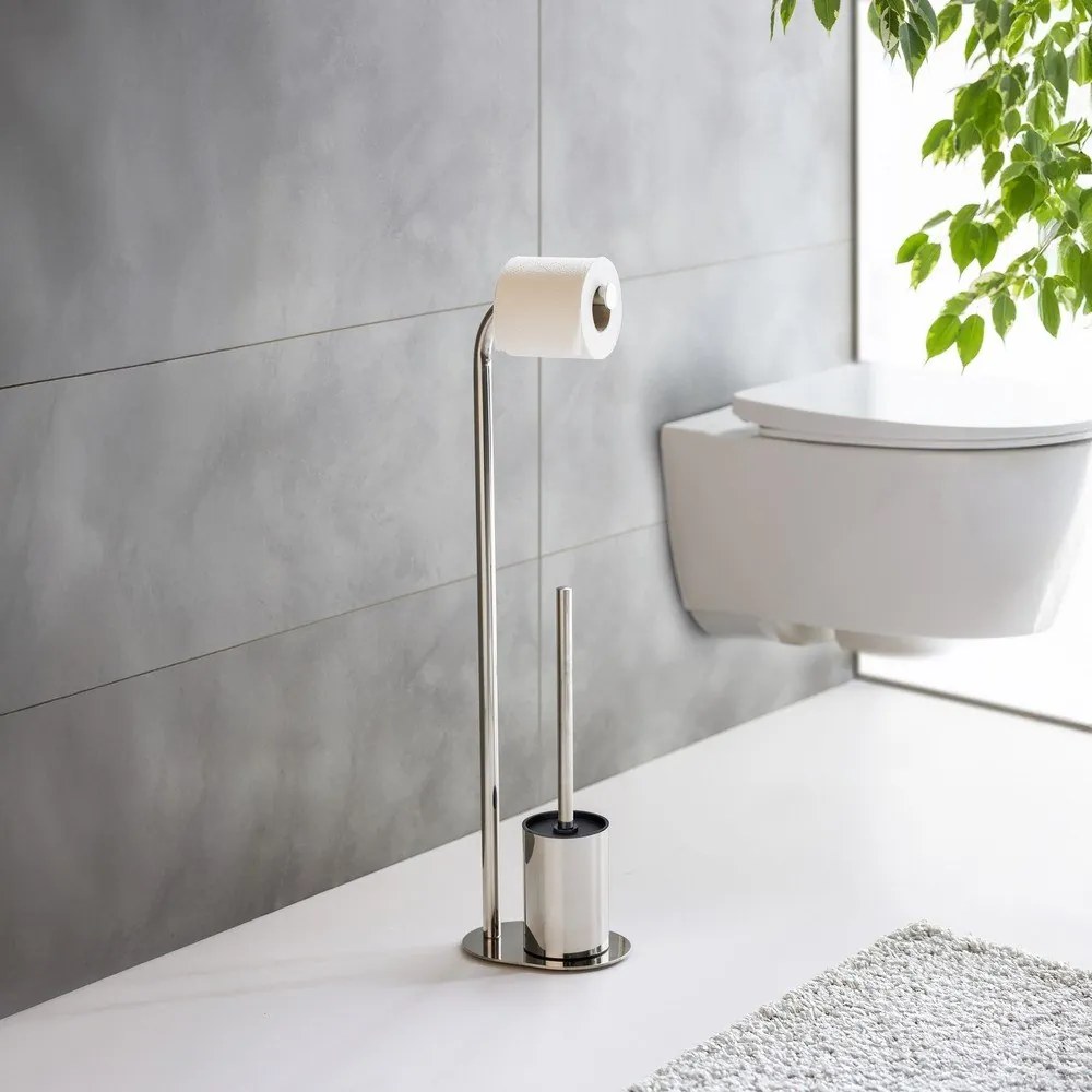 Fényes ezüstszínű rozsdamentes acél WC-papír tartó állvány WC-kefével Levante – Wenko
