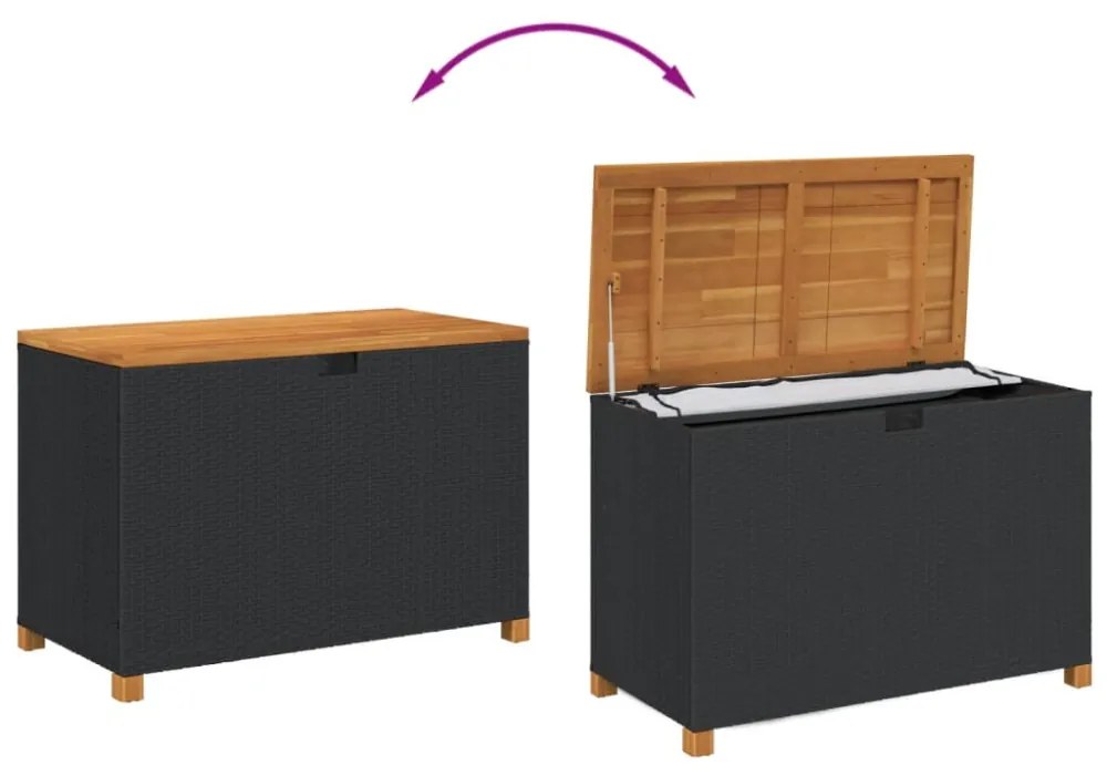 fekete polyrattan és akácfa kerti tárolóláda 110 x 55 x 63 cm