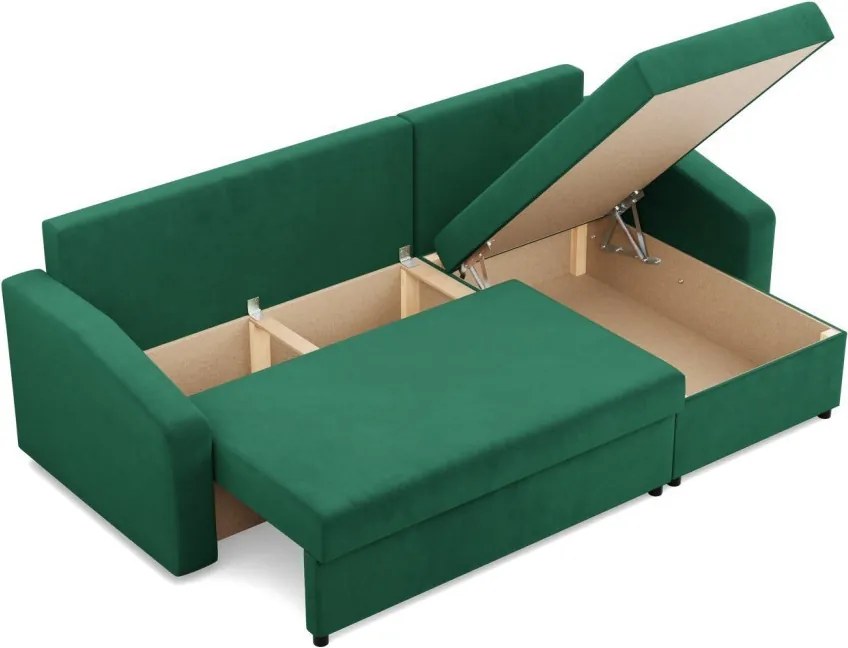 Zeus sarokkanapé, 2 ágyneműtartóval, döntött kartámasz, bársony, univerzális oldal, hab töltet, zöld