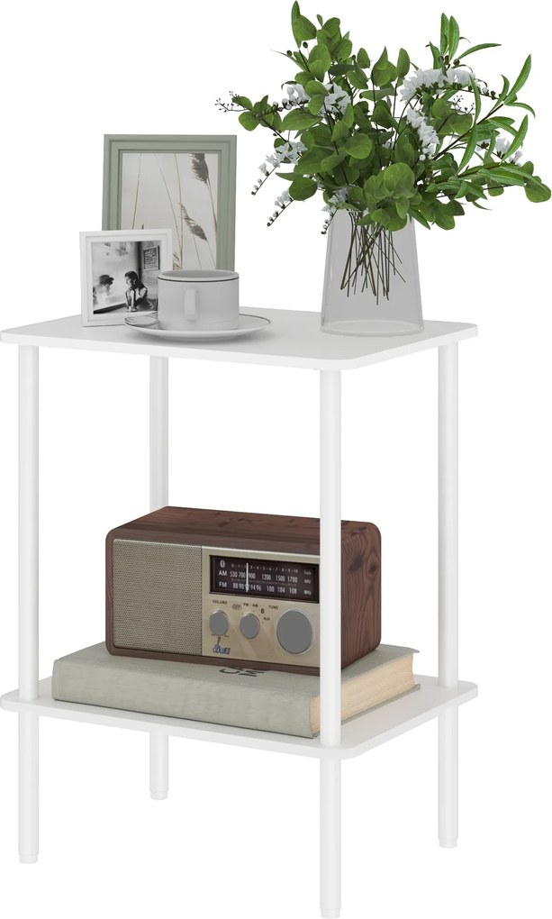 HOMCOM Négyzet alakú Kávézóasztal 2 Szintes, Fémkeretes Kisegítő Asztal 40cm x 30cm x 52.2cm Fehér | Aosom