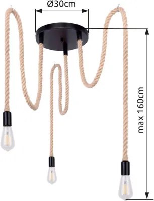 Globo 69029-3H1 Függeszték fém fekete , barna kender kötéllel. Ø:300, H:1600, exkl. 3xE27 60W 230V