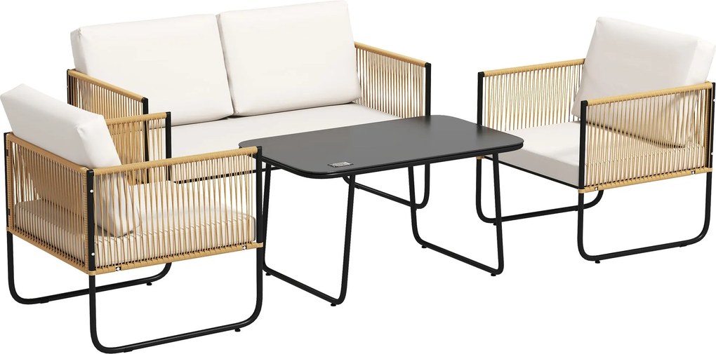 Outsunny 4 Fős Kerti Szett, Balkon Rattan Pihentető 2-Fős Kanapéval, Fotelekkel, Edzett Üveg Kávézóasztallal, Levehető Párnákkal, Krém | Aosom