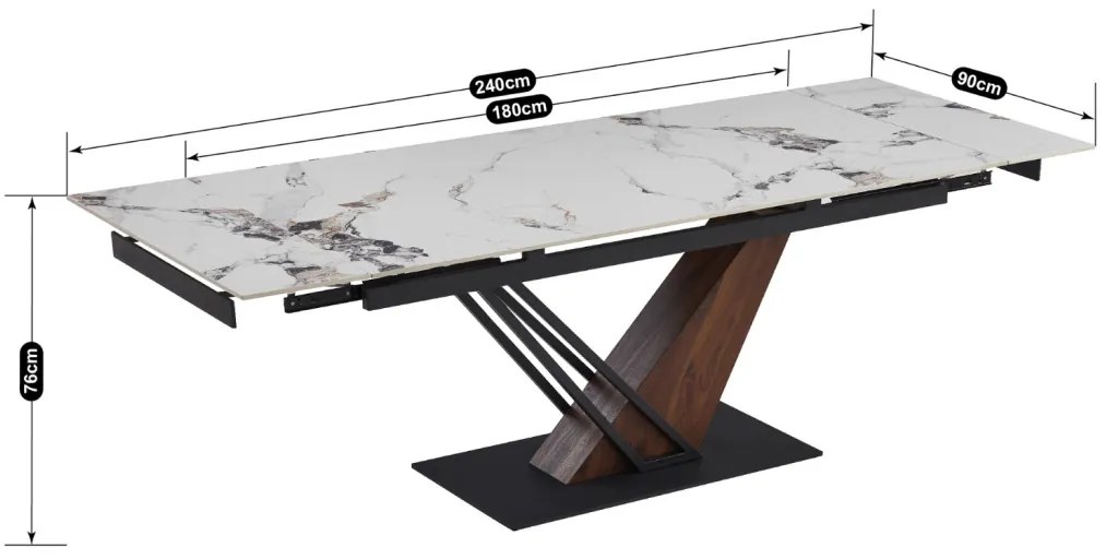 Fehér Márvány/Dió Színű Bővíthető Étkezőasztal. REX 2 180-240 cm