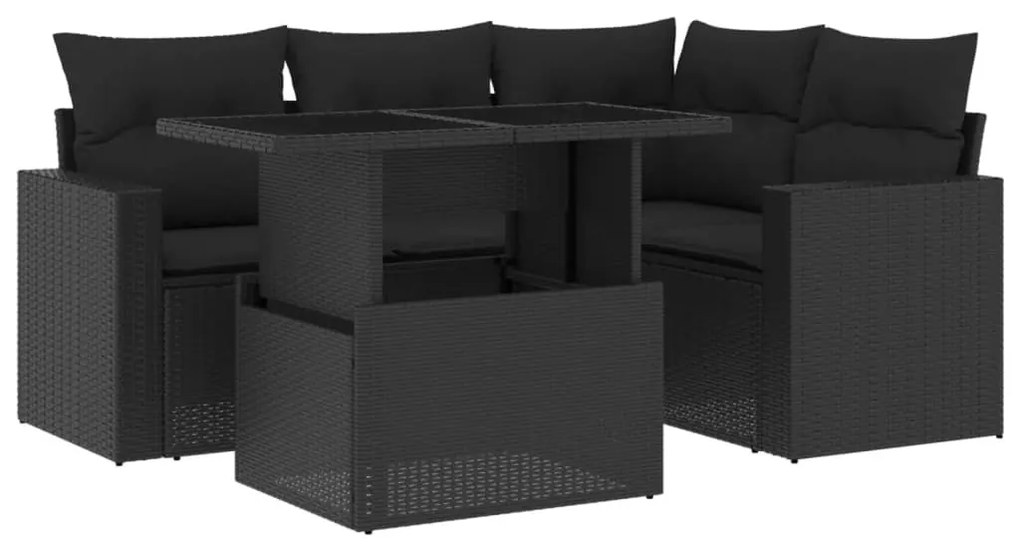 5 részes fekete polyrattan kerti kanapészett párnákkal