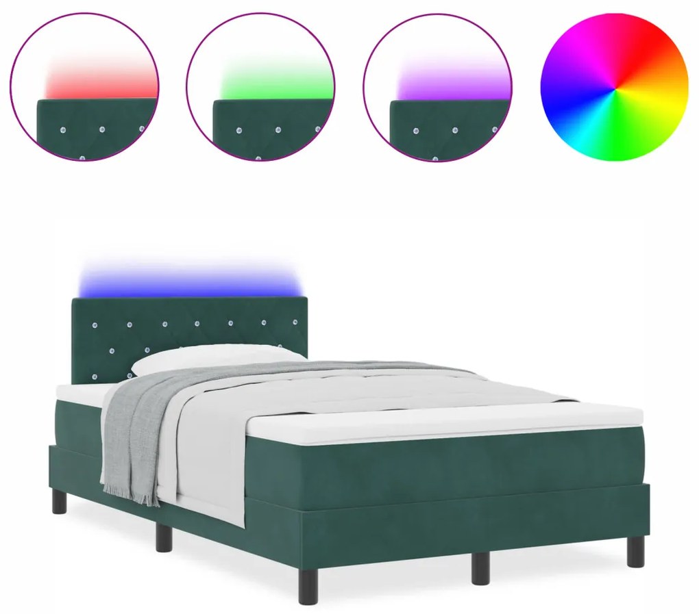 Box Spring Ágy Matraccal és LED világítással Sötétzöld 120x190 cm Bársony