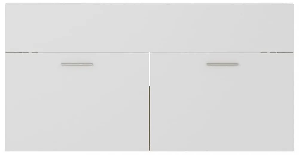 fehér, tölgyszínű szerelt fa mosdószekrény beépített kagylóval