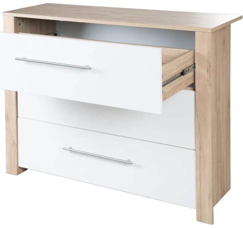 Fehér-natúr színű alacsony gyerek komód pelenkázó feltéttel, tölgyfa dekorral 112x98 cm – Roba