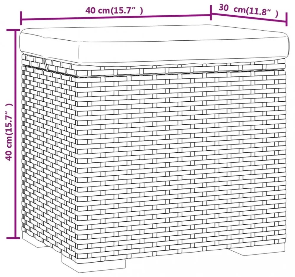 fekete polyrattan zsámoly párnával 40 x 30 x 40 cm
