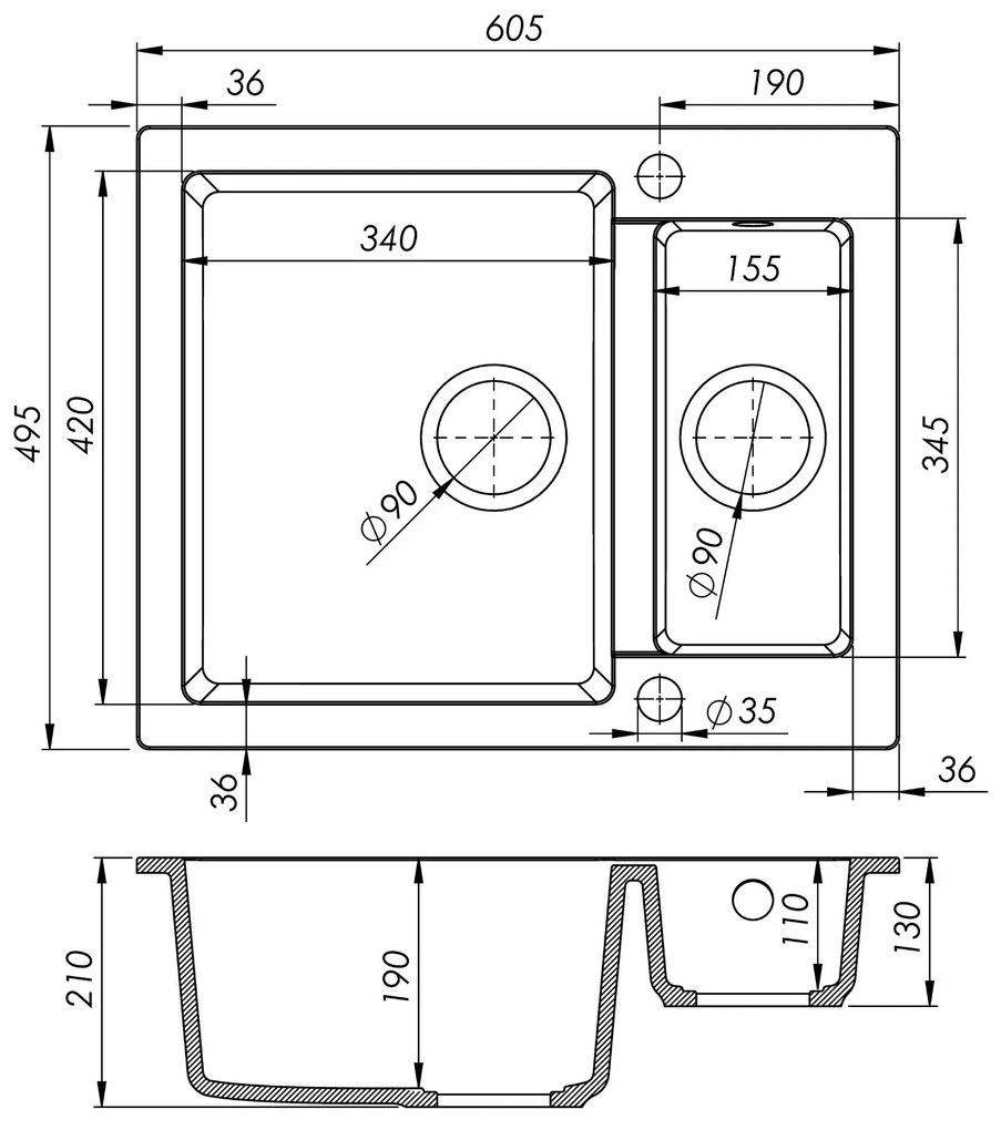 Mosogató Quality Ferrum, konyhai gránit mosogató 605x495x210 mm + arany szifon, fekete, SKQ-FER.C.5KBO.XG