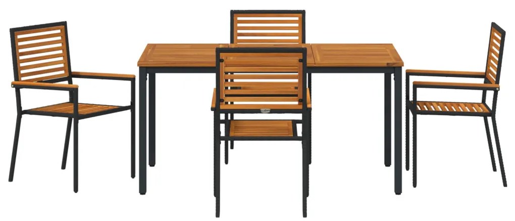 5 Darabos Kerti Étkező Szett Fekete Poli Rattan Akáciából, Egymásra Rakható Kerti Székek párnahéj 2 db Fekete Poli Rattan, Kerti Asztal 150x90x75 cm Szilárd Akácia Fa és Fém