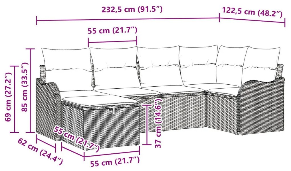 6 darabos kertibútor szett párnákkal, világosszürke poli rattan, 2 személyes kertibútor párnákkal, világosszürke poli rattan