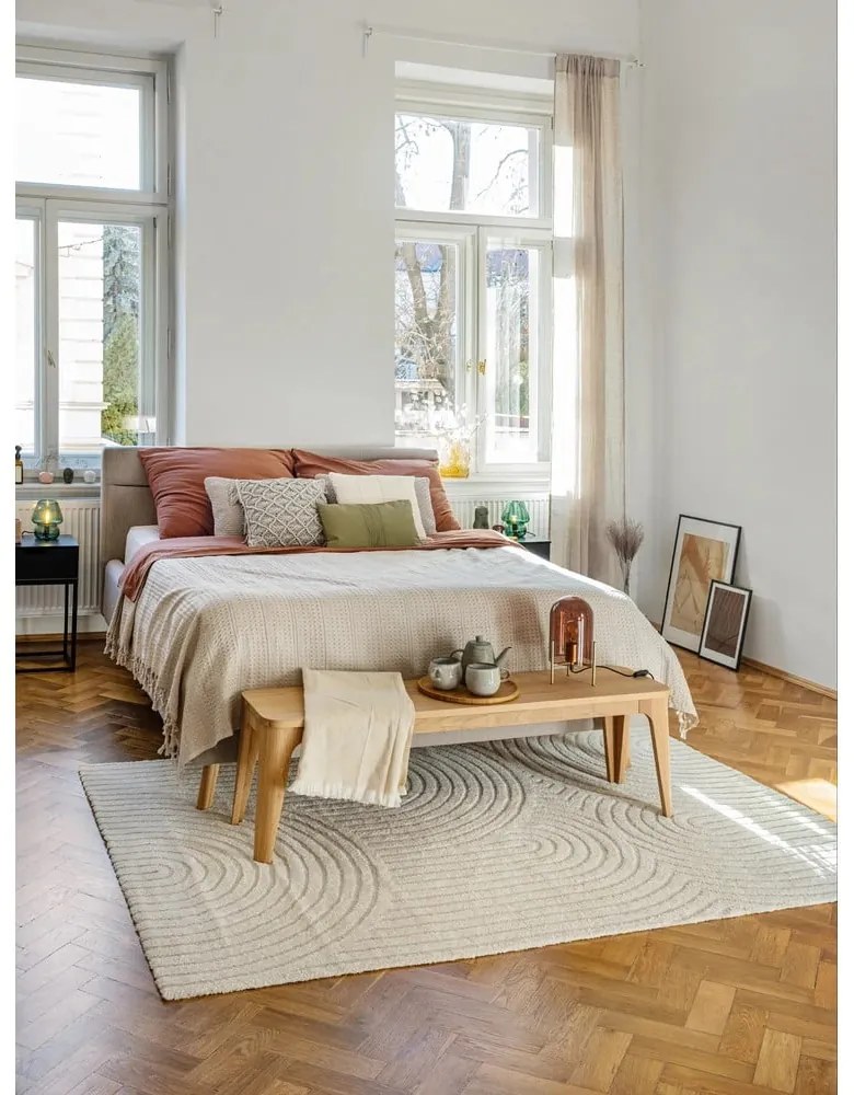 Bézs kárpitozott ágyneműtartós franciaágy ágyráccsal 140x200 cm Lotte – Meise Möbel