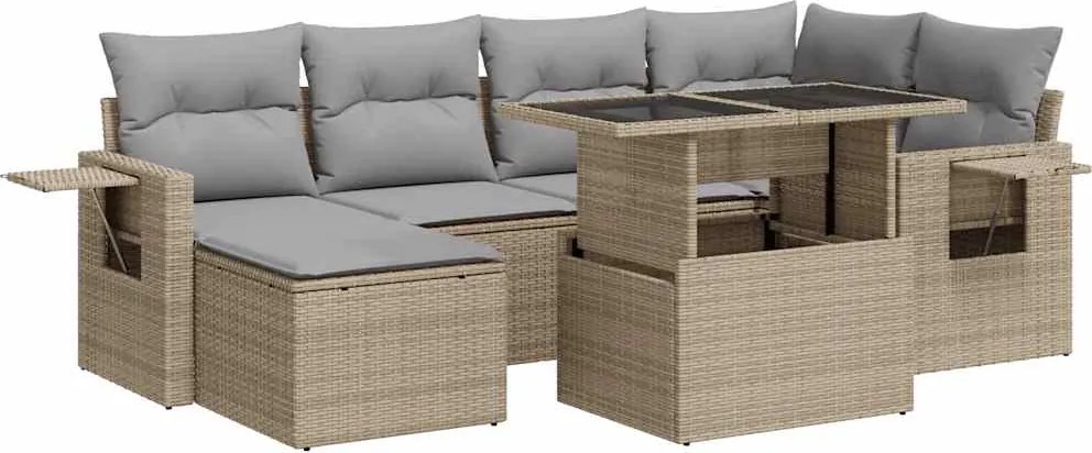 vidaXL 7 részes bézs polyrattan kerti ülőgarnitúra párnákkal