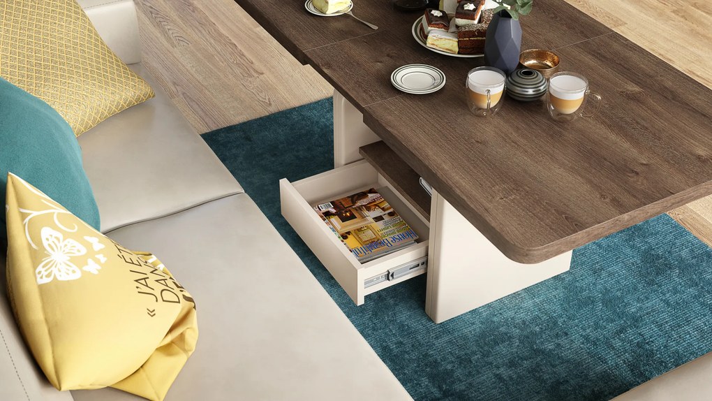 Mazzoni LEXUS Barna Tölgy/Bézs (Pezsgőszínű) - MODERN DOHÁNYZÓASZTAL NYITHATÓ/MAGASÍTHATÓ ÉTKEZŐASZTAL ÉS DOHÁNYZÓASZTAL EGYBEN