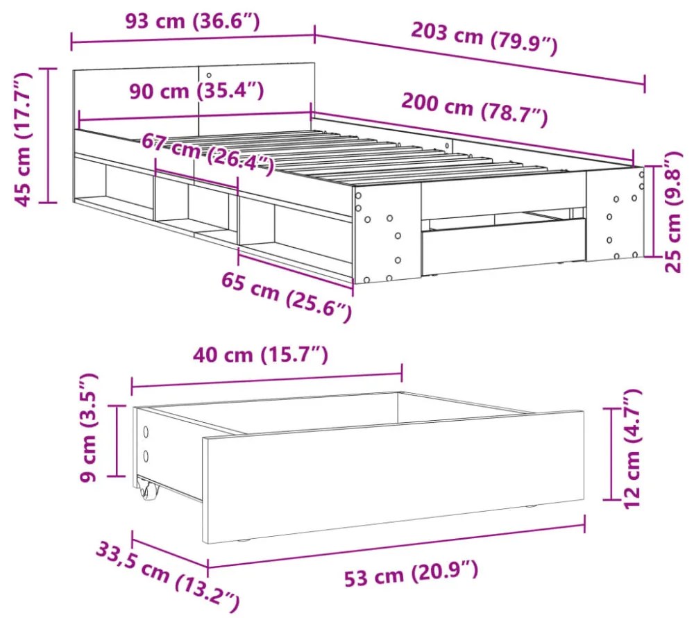 füstös tölgy színű szerelt fa ágykeret fiókkal 90 x 200 cm