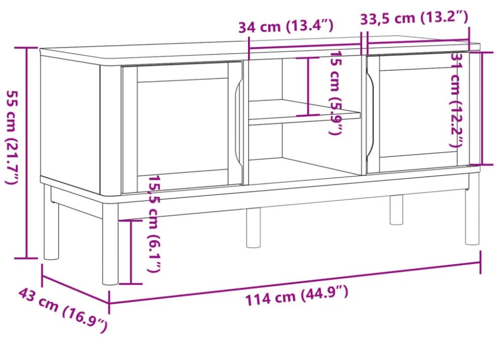 FLORO szürke tömör fenyőfa TV-szekrény 114 x 43 x 55 cm