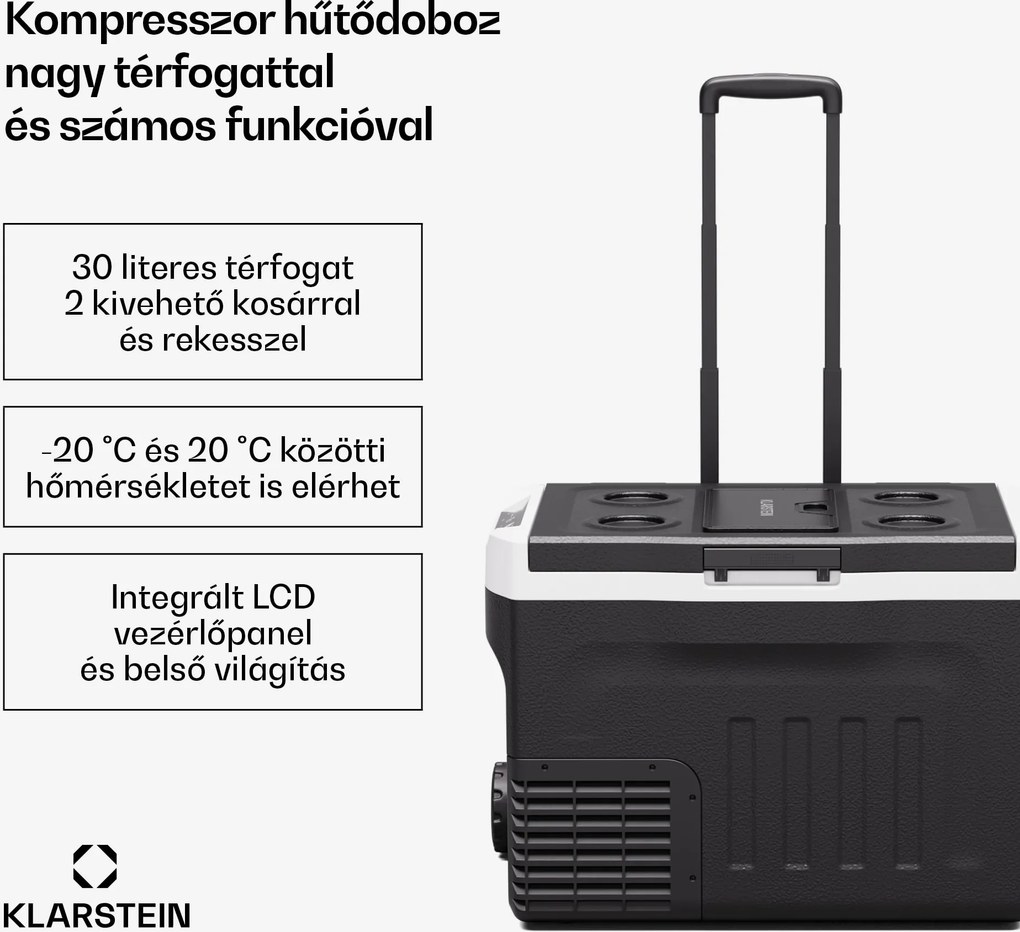 Klarstein PolarForce 30L kompresszoros hűtődoboz, LCD panel, világítás, off-road, akkumulátorvédelem, 12V/230V