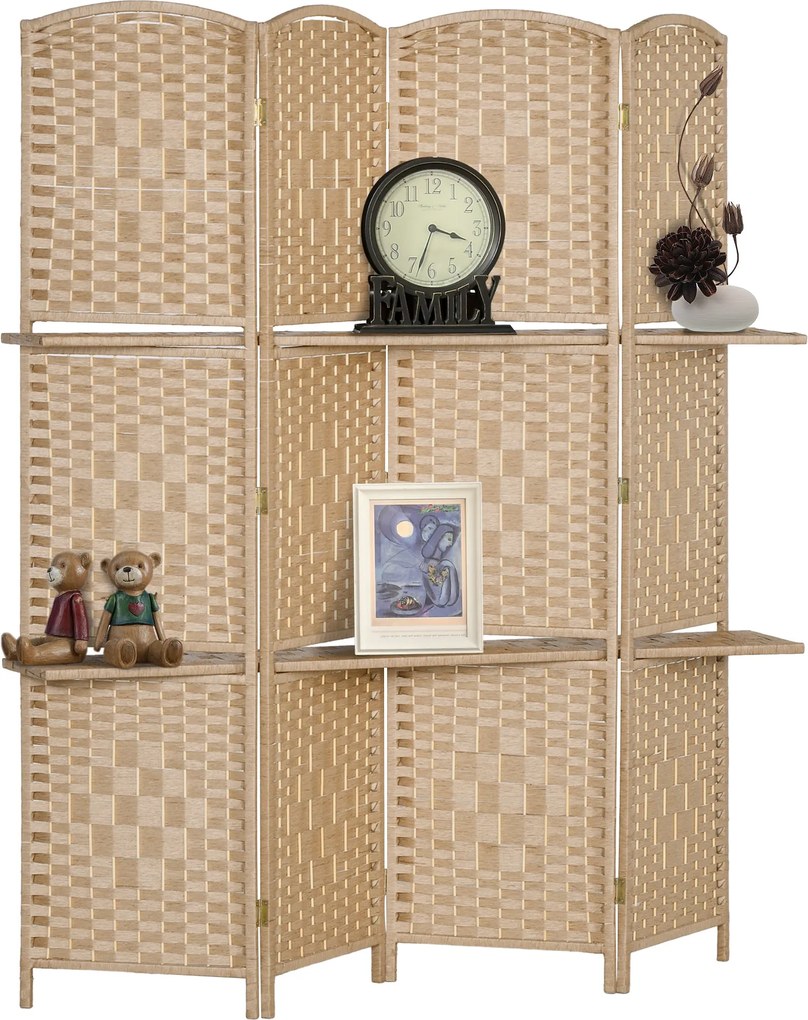 HOMCOM 4-paneles szobai elválasztó 160x170 cm 2 polccal, privát képernyős, fali elválasztó iroda és hálószoba számára, természetes | Aosom