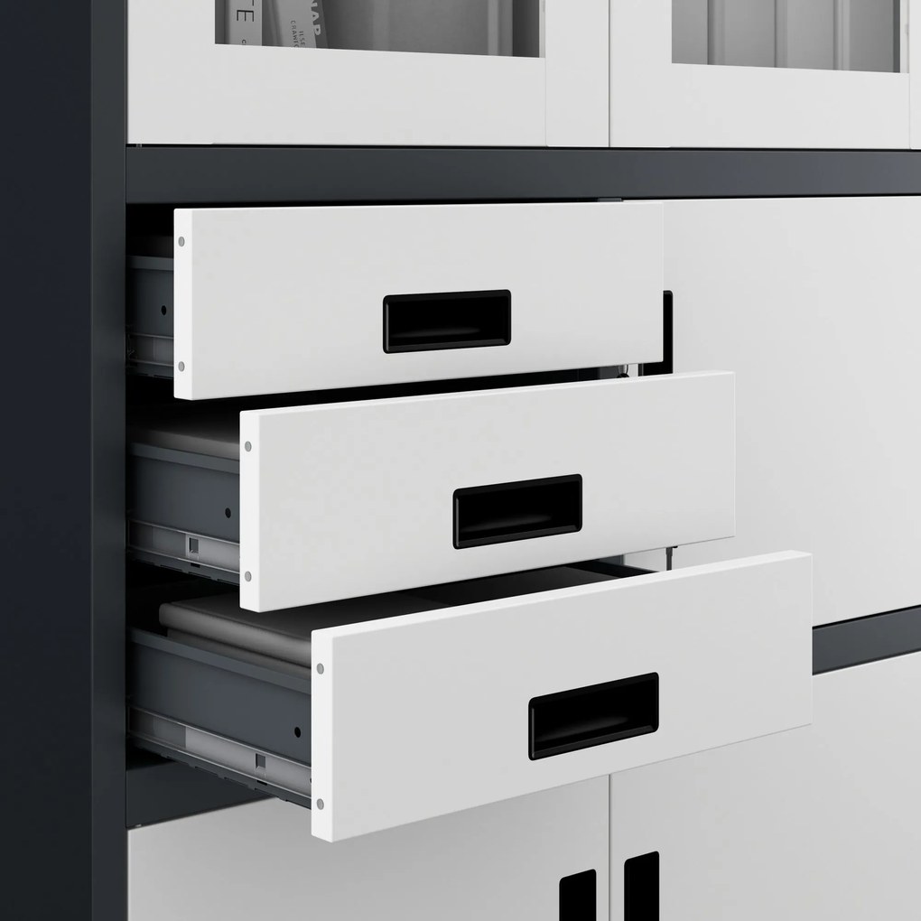 Fém iratszekrény széffel, vitrinnel és fiókokkal FILIP, 900 x 1850 x 400 mm, antracit-fehér