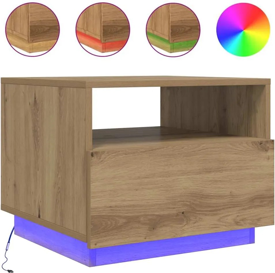 vidaXL kézműves tölgyszínű dohányzóasztal LED-lámpákkal 50x49x40 cm