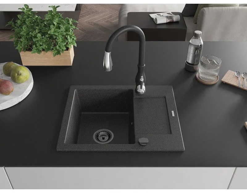 Mexen Enzo, 1 kamrás gránit mosogató 576x465x174 mm és Savita mosogató csaptelep, fekete pettyes, 6506-76-672601-70-B