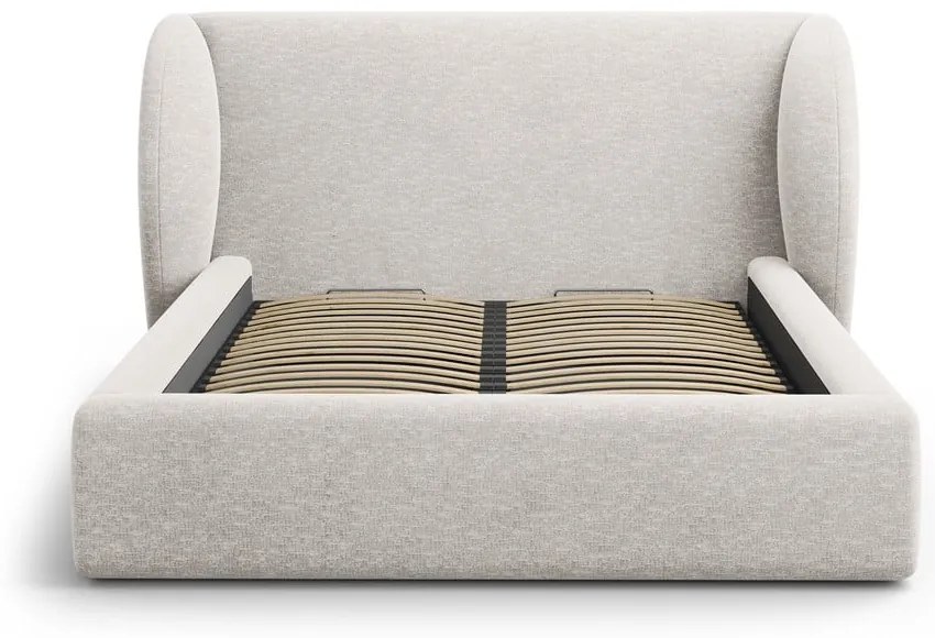 Világosszürke kárpitozott ágyneműtartós franciaágy ágyráccsal 200x200 cm Miley – Micadoni