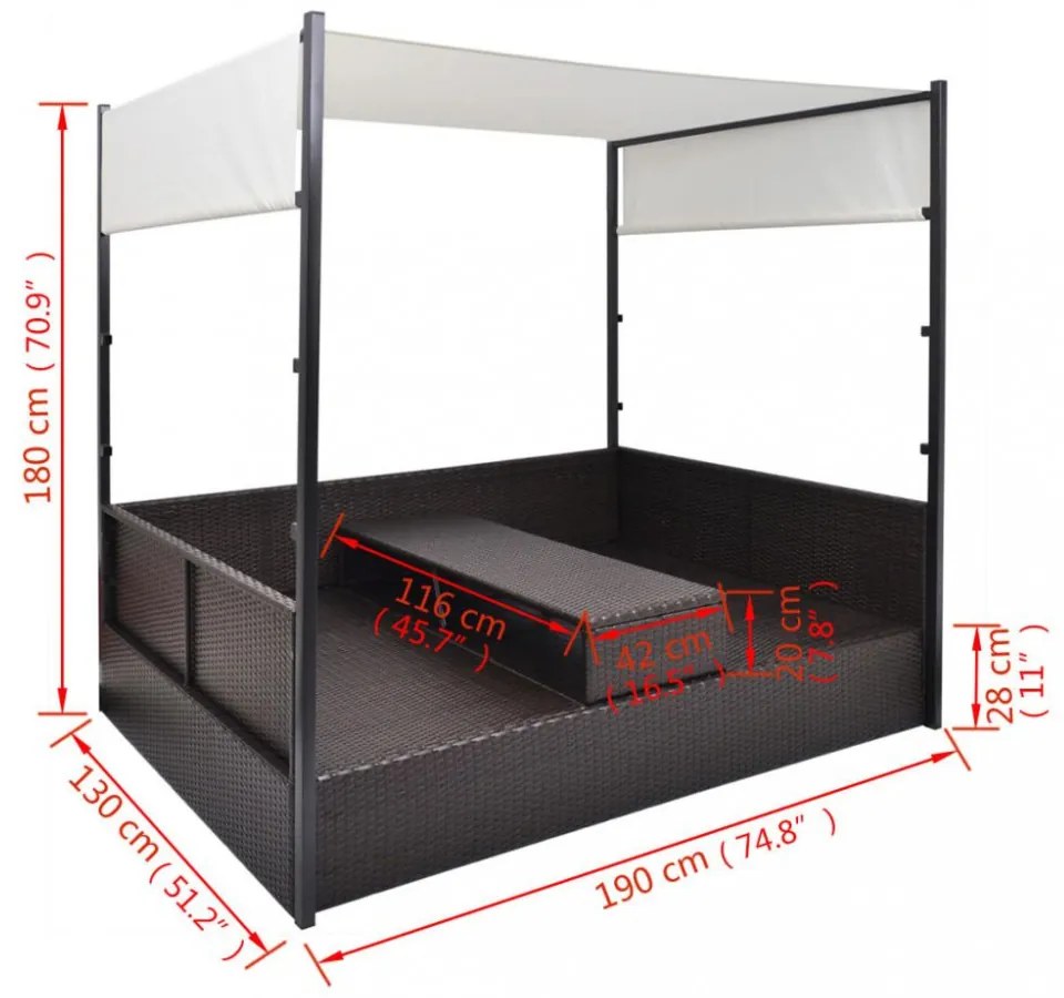 barna polyrattan napellenzős kerti ágy 190 x 130 cm
