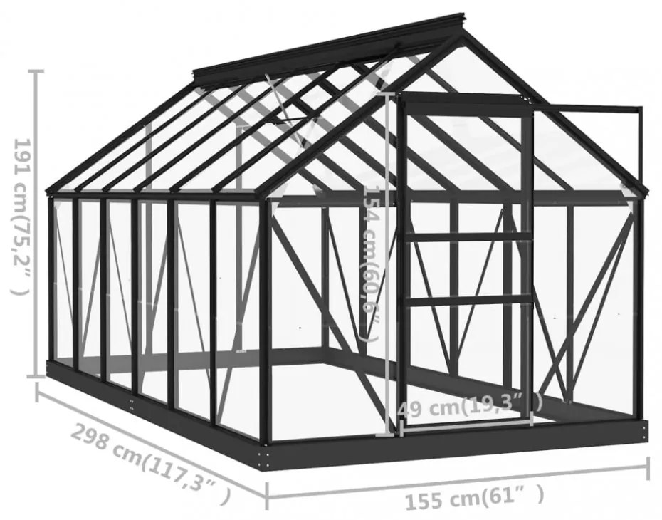 antracitszürke üveg és alumínium melegház 155 x 298 x 191 cm