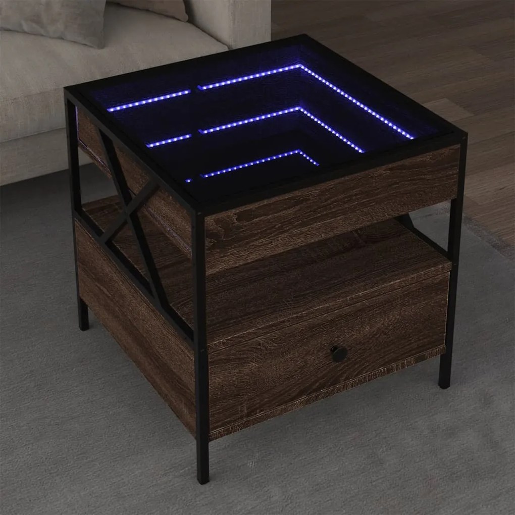 barna tölgy végtelen hatású LED-es dohányzóasztal 50x50x51 cm