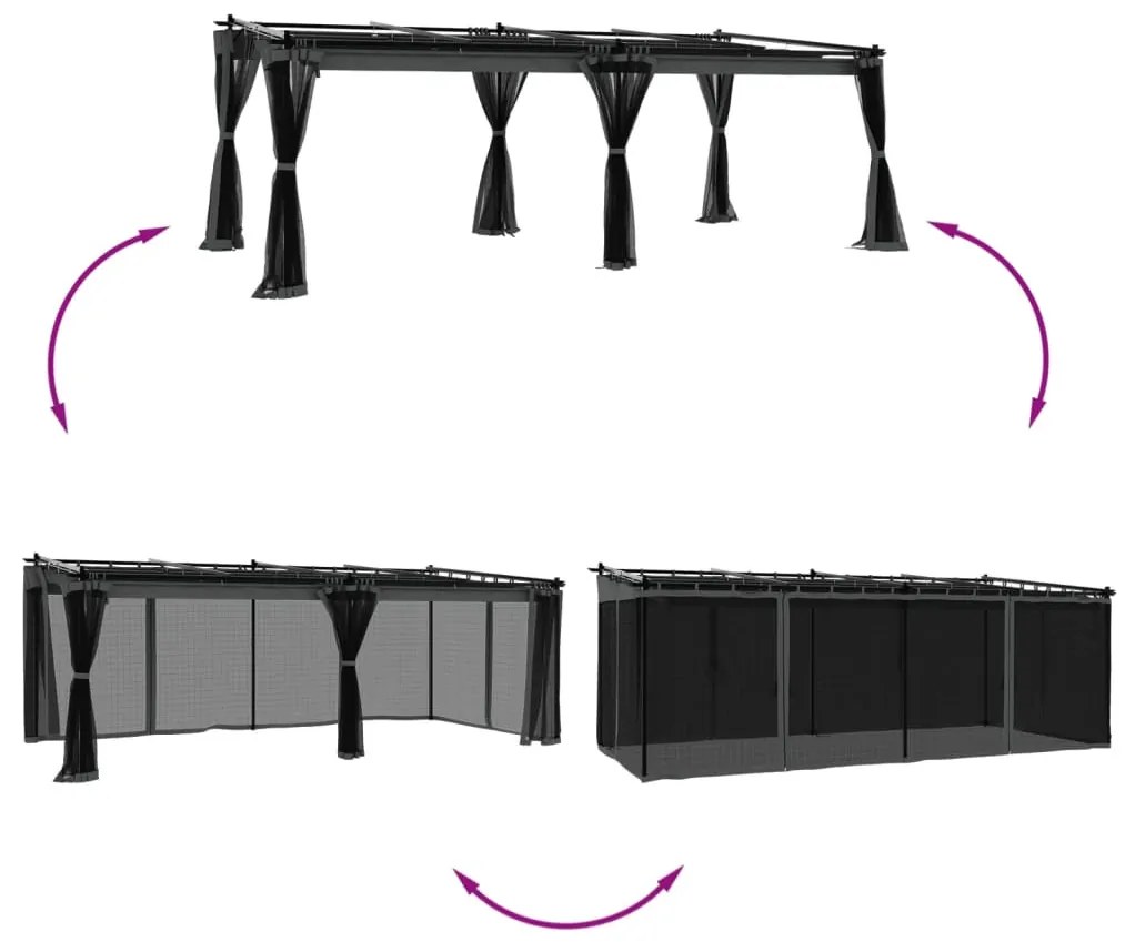 antracitszürke acél pavilon hálós oldalakkal 6 x 3 m