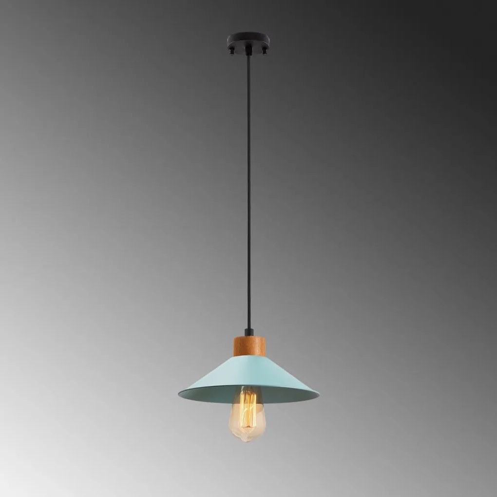 GMN-00005 kék fém függőlámpa fa alappal, Ø24 cm