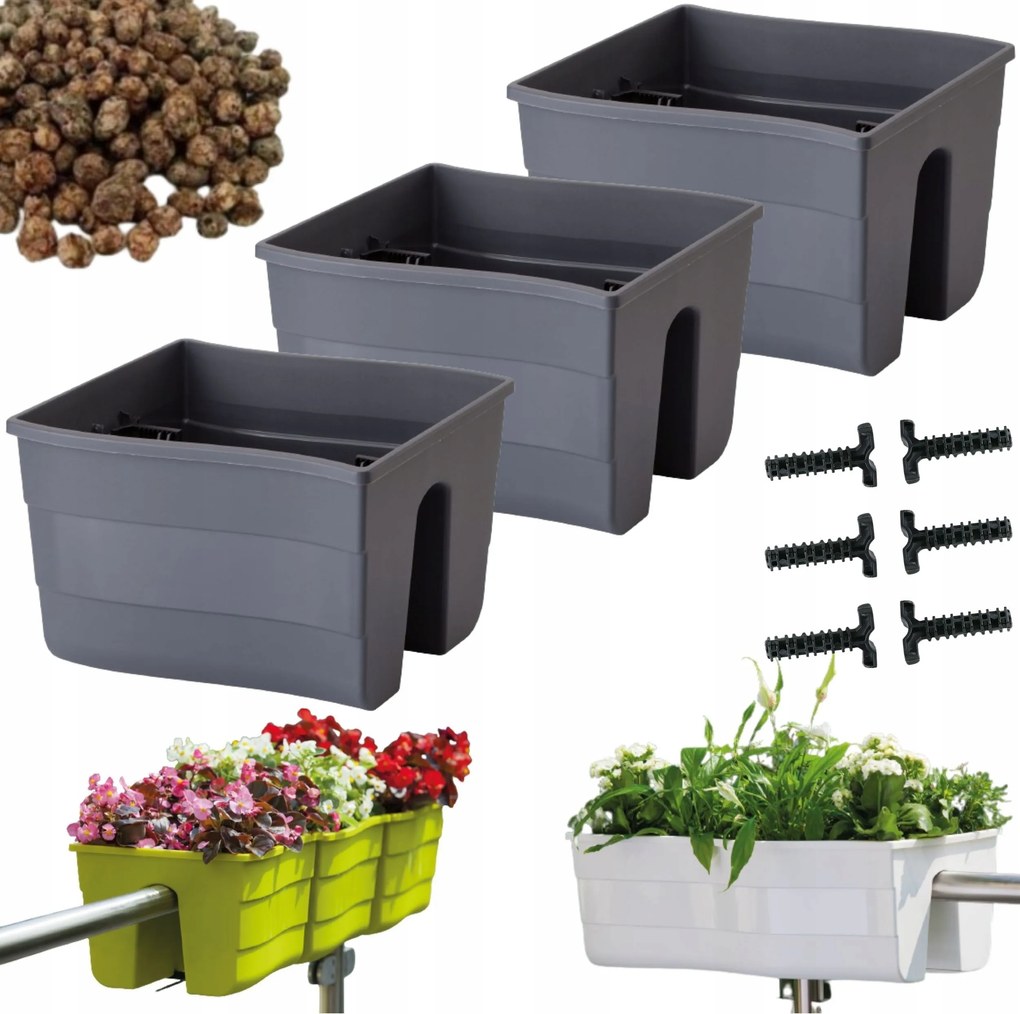 3x Wave 30 korláttartó doboz, erkély kaspó keramzit 5l