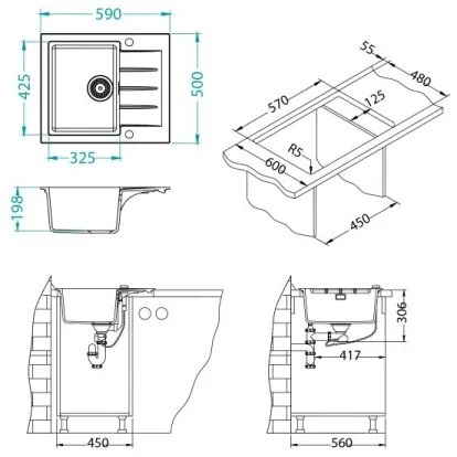 ALVEUS 1132017 - Mosogató CADIT 59x50 cm gránit/fehér