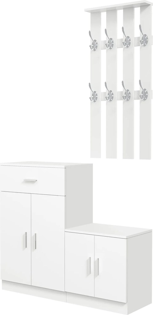 HOMCOM Cipőtartó és Kombinált Akasztó a Bejárathoz és Hálószobához, Fa, 100x32x187cm, Fehér | Aosom
