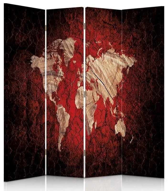 Gario Paraván Rusztikus világtérkép piros színben Méret: 145 x 170 cm, Kivitelezés: Forgó paraván 360°