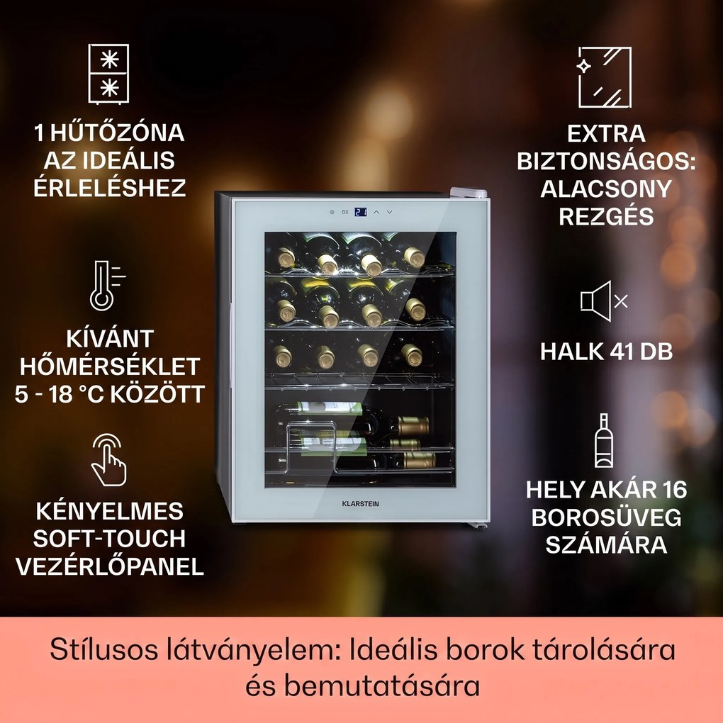 Klarstein Shiraz 16 Quartz, borhűtő, 42 liter, 160 W, 5 - 18 °C, érintőképernyős vezérlőpanel
