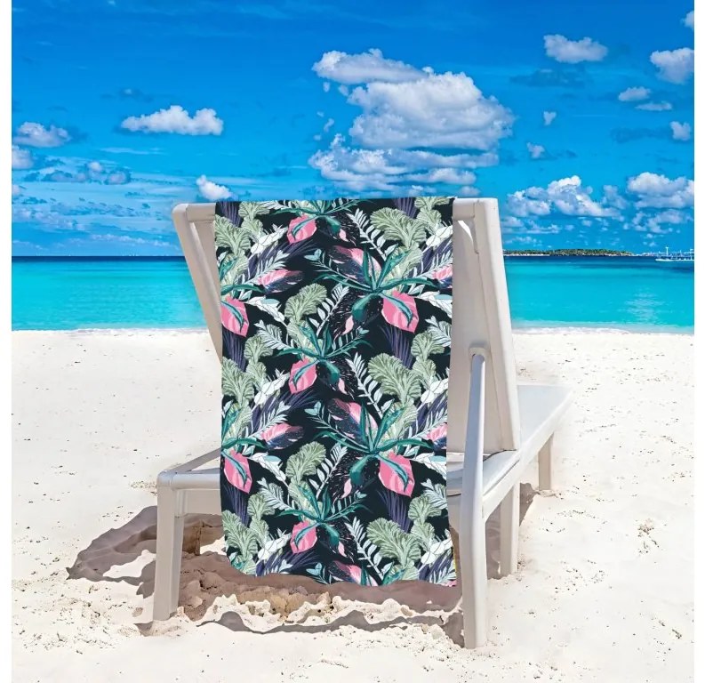 Strandkészlet NIGHT BLOSSOM – Fürdőlepedő 100×180 cm és poncsó 80×145 cm, fekete