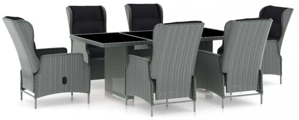 7 részes világosszürke polyrattan kültéri étkezőszett párnákkal