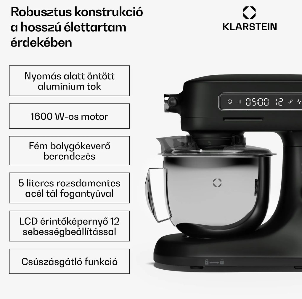 Klarstein Chiara konyhai robotgép, 1600 W, 12 beállítás, rozsdamentes acél tál, LCD kijelző, Tartozékokkal együtt