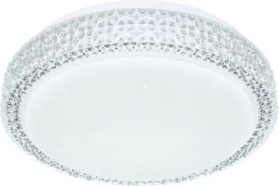 Globo 41749-12 Mennyezeti lámpa fehér váz, akril fehér búra, akril-kristály és sparkle effekt dekorral. Fali kapcsolóról 3 lépésben színhőmérsékletváltós. Ø:260, H:80, tartozék: 1xLED 12W 230V, 980lm, CCT 3.000-4500-6.500