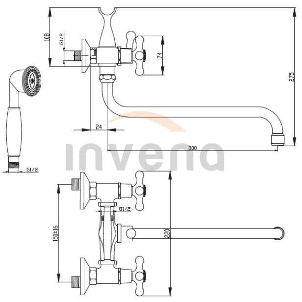 Invena Roma, kád csaptelep meghosszabbított kifolyóval 300mm kézizuhany készlettel, króm, INV-BW-24-00S-L