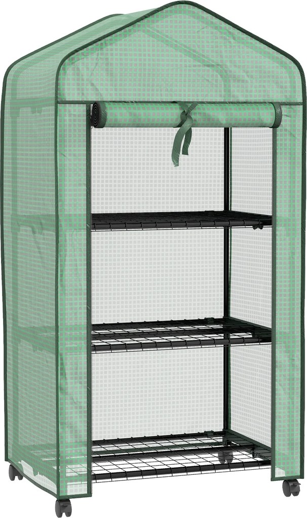Outsunny Zöldház PE 3-szintes polcokkal, erkély üvegház, megerősített 140 g/m² fedél, acélváz, felgördíthető cipzáras ajtó zöldségekhez, növényekhez é