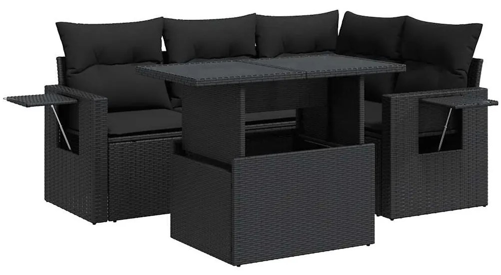 5 részes fekete polyrattan kerti kanapészett párnákkal