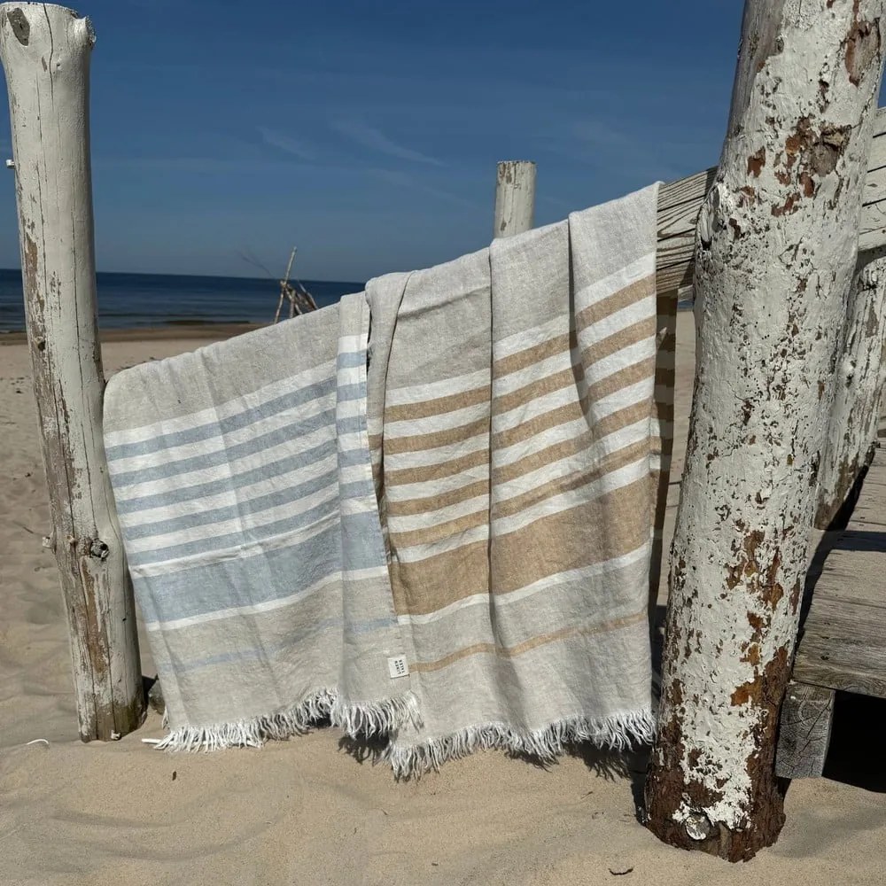 Kék len strandtörölköző 85x140 cm Allure Stripe – Linen Tales