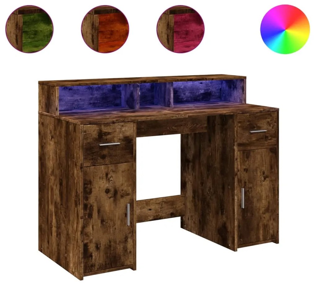 füstös tölgy színű szerelt fa íróasztal LED-ekkel 120x55x91 cm