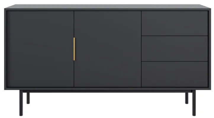 Comodă VIVA VI02 cu 2 uși și 3 sertare, 154 cm – negru / negru lucios / mânere aurii