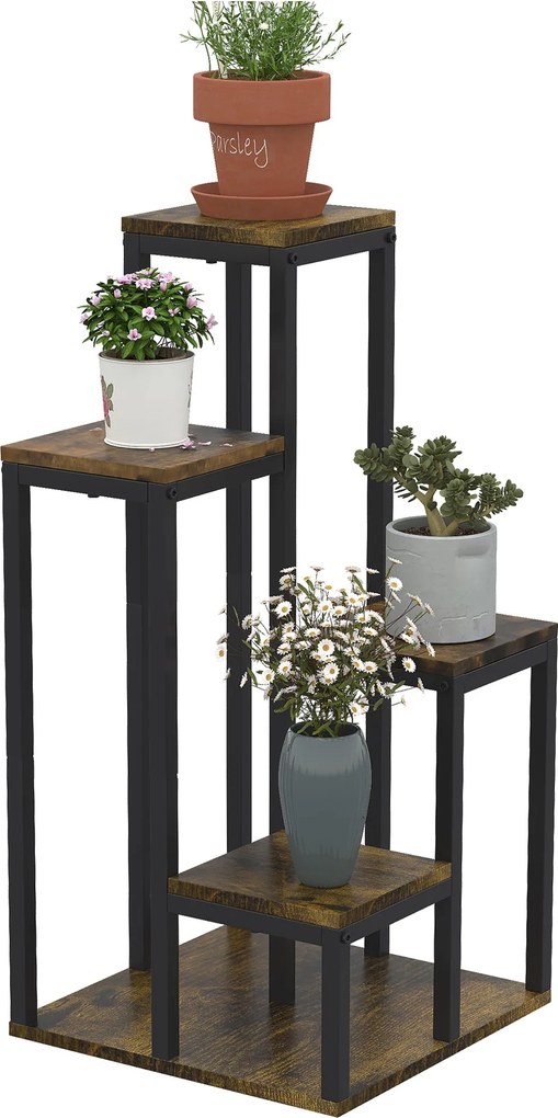 Outsunny 4-Szintes Virágtartó, 81 cm Magas Virágos állvány Belső és Külső Használatra, Acél Virágtartó Polc, Több szintes Virágos állvány, Virág Lépés