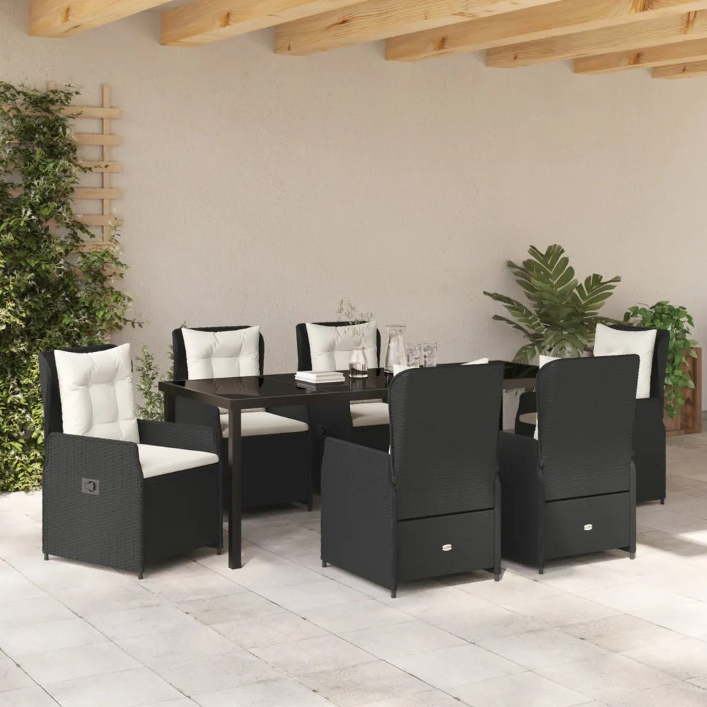 7 Részes Kerti Étkezősor Fekete Poli Rattan, Kerti Asztal Fekete 200x80x73 cm Edzett Üvegből
