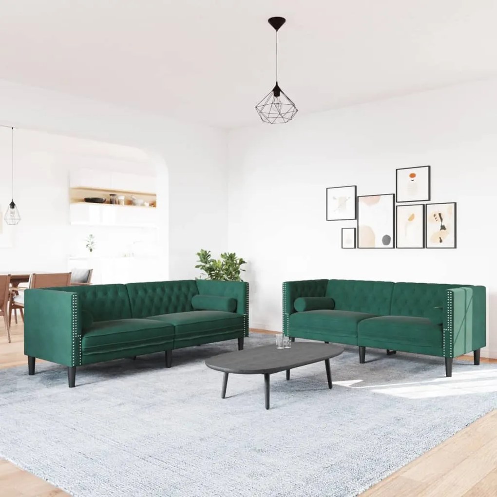2 részes sötétzöld bársony Chesterfield kanapészett párnákkal